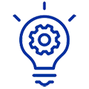 Blue icon of lightbulb with gear inside